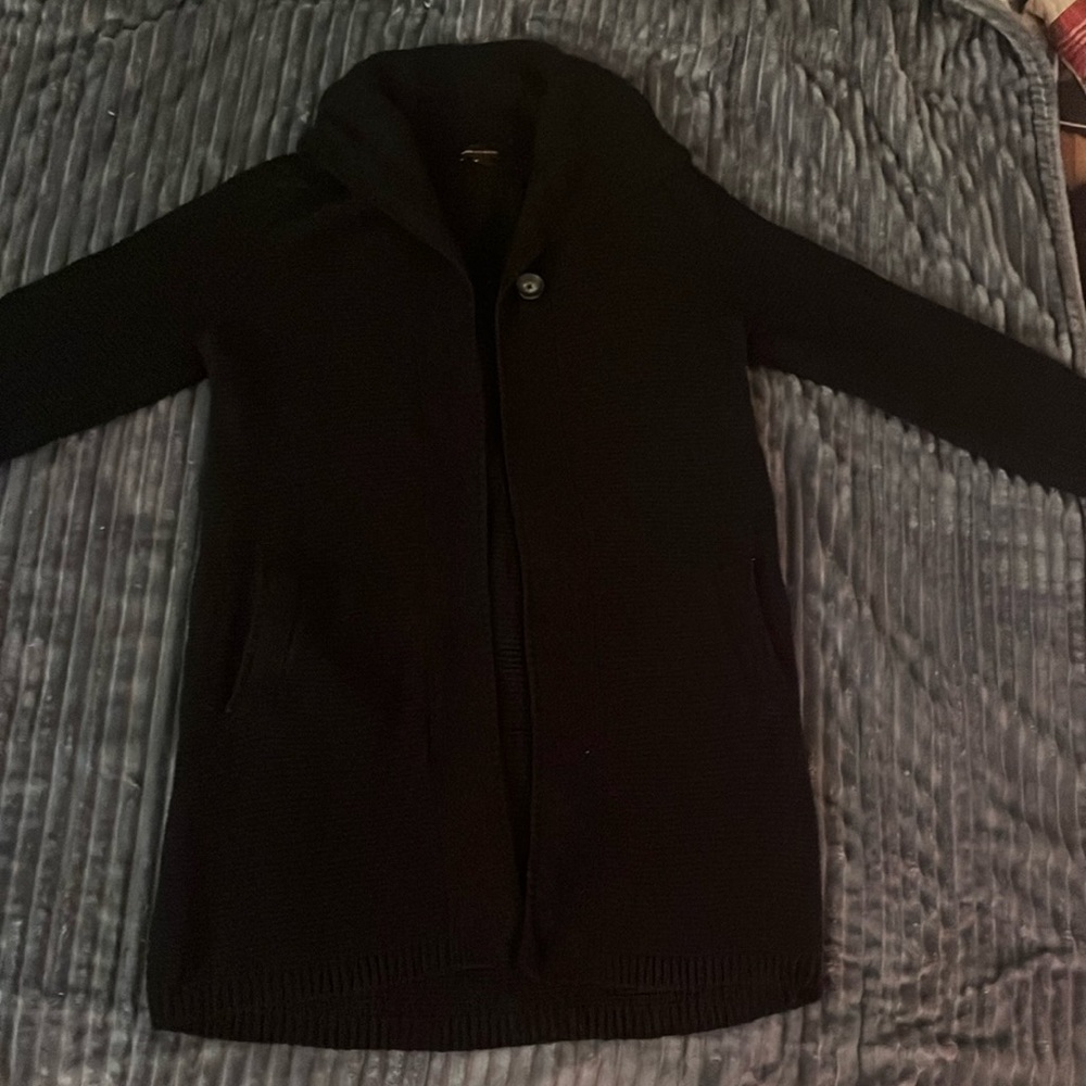 Dana Bachman Black Long Sweater Jacket w/ pockets. One button at top very soft